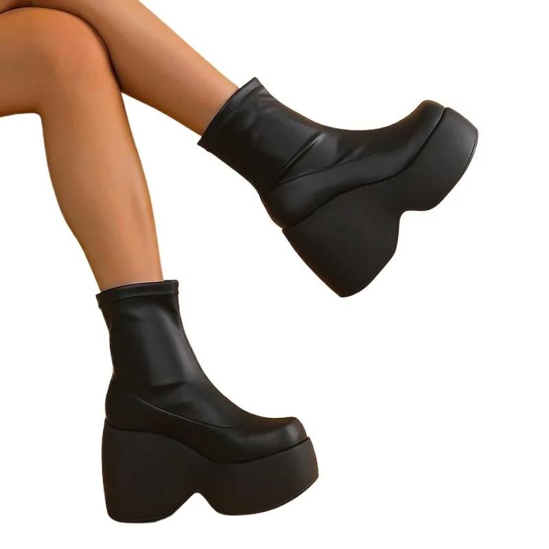 Ботильоны на танкетке, современные, весна/осень, женская обувь без застежек, высококачественные, с круглым носком, на очень высоком каблуке, женские ботинки с пошивом