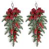 Christmas Teardrop Swag Wreath Artificial Pine Branch Teardrop Swag with Pine Cone Red Berry And Plaid Bow for Winter Front Door Wall Staircase
