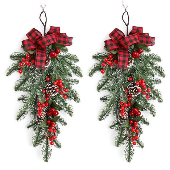 Рождественский каплевидный венок-сваг Искусственная сосновая ветвь Каплевидный сваг с сосновой шишкой, красной ягодой и клетчатым бантом для зимнего декора входной двери, стены, лестницы