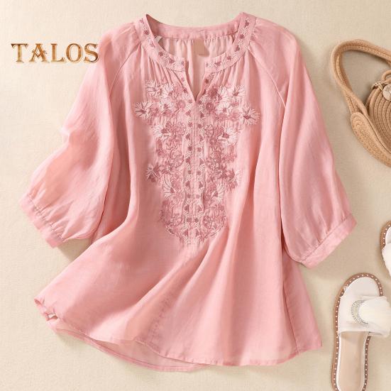 Летняя женская рубашка с V-образным вырезом и цветочной вышивкой, рукава три четверти, свободная однотонная ретро-мама, женская повседневная блузка среднего возраста