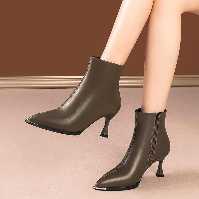 French Ankle Boots Feminine Temperament Pointed High-heel Short Boots 2024 Winter New Fashion Slim Heel Zipper Commuting Boots
