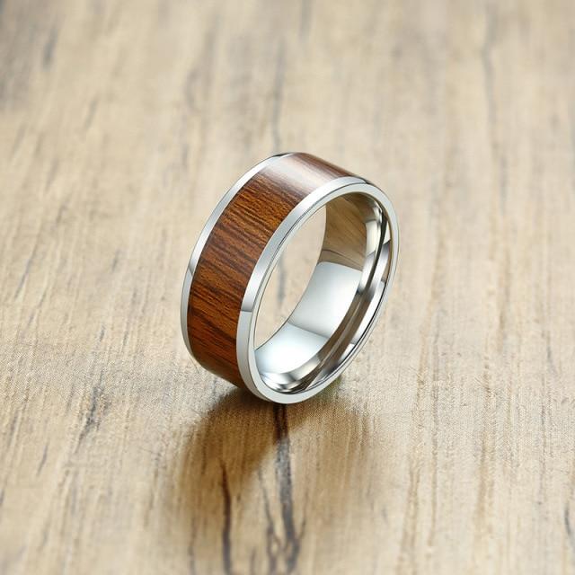 Fashion 8mm Natural Wood Stainless Steel Men Silver Color Ring Wedding Engagement Male Rings Simple Jewelry Man Rings Wholesale