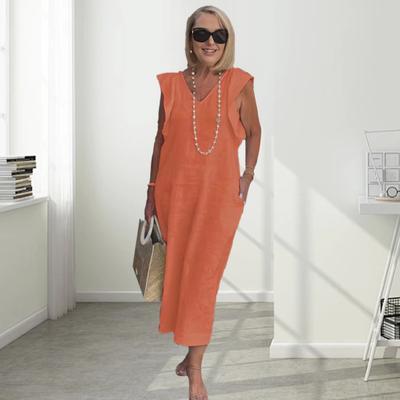 Летнее женское платье с V-образным вырезом, свободного кроя, однотонное, с рукавами-крылышками, богемное, длиной до середины икры