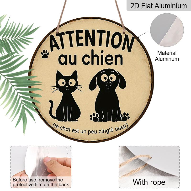 2D Flat, 1pc 7.87 Inch Round French Aluminum Sign, "Beware of Dog" Vintage Decorative Plaque, Pet Cat and Dog Reminder Decorative Art, Suitable for