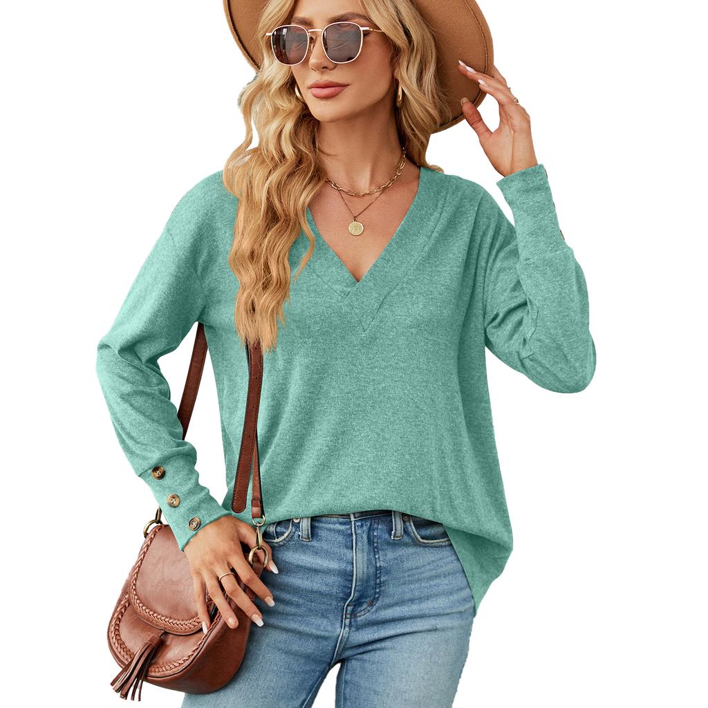 2023 European and American Autumn and Winter New Solid Color V-neck Loose Long-sleeved Button T-shirt Top Women's Clothing