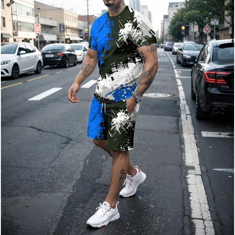 Летняя линия сращивания 3D принт футболки шорты комплекты мужские спортивные костюмы свободный короткий рукав футболка брюки комплект мужские костюмы одежда
