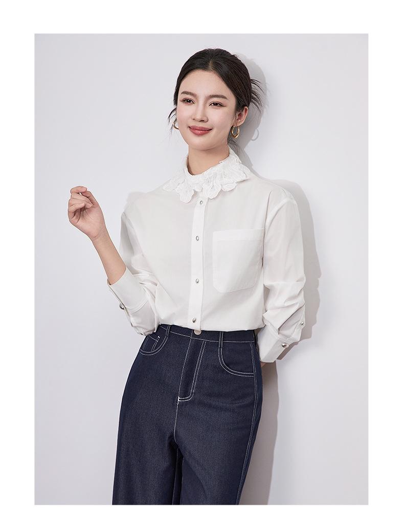 Французская мода Вышитая хлопковая женская рубашка с длинным рукавом и отложным воротником