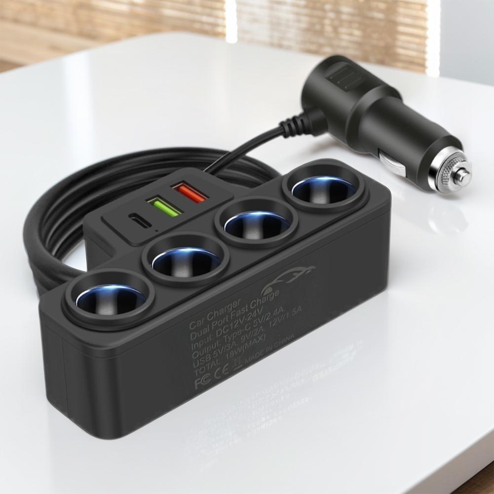 Разветвитель прикуривателя автомобиля QC3.0+PD 3.1A 12В-24В Адаптер питания для телефона 4 гнезда 18 Вт Разветвитель гнезда прикуривателя автомобиля