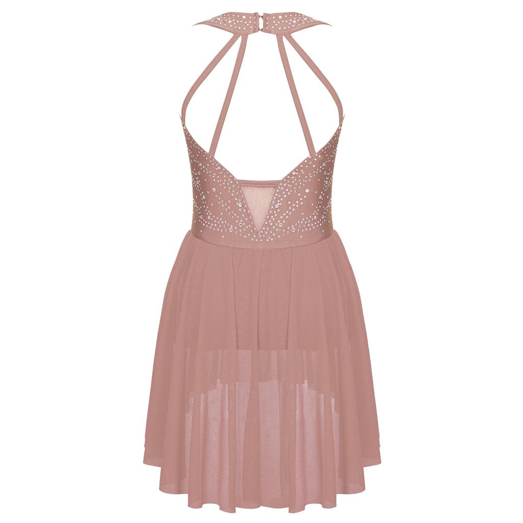 Kids Girls Rhinestone Figure Skating Ballet Lyrical Performance Dress Strappy Back Asymmetrical Hem Sleeveless Dance Dresses