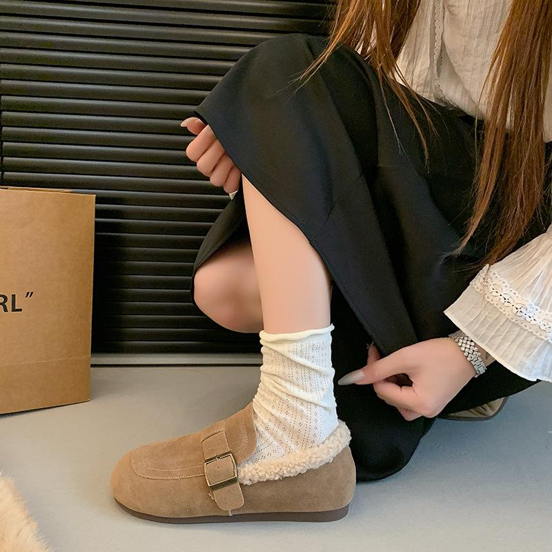 Ретро обувь Doudou женская 2025 зима новая флисовая утолщенная повседневная мягкая подошва пушистая обувь на одном педале плоские хлопковые туфли