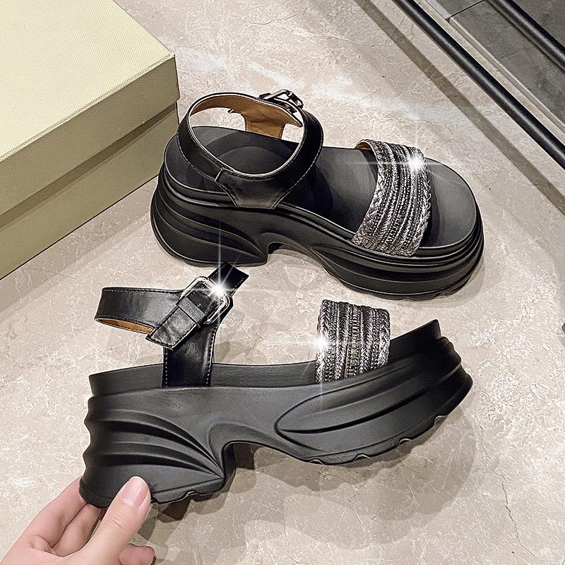 Модные женские ретро сандалии на платформе высокого качества, летние шлепанцы с открытым носком, хрустальные женские легкие пляжные туфли с открытым носком 8 см