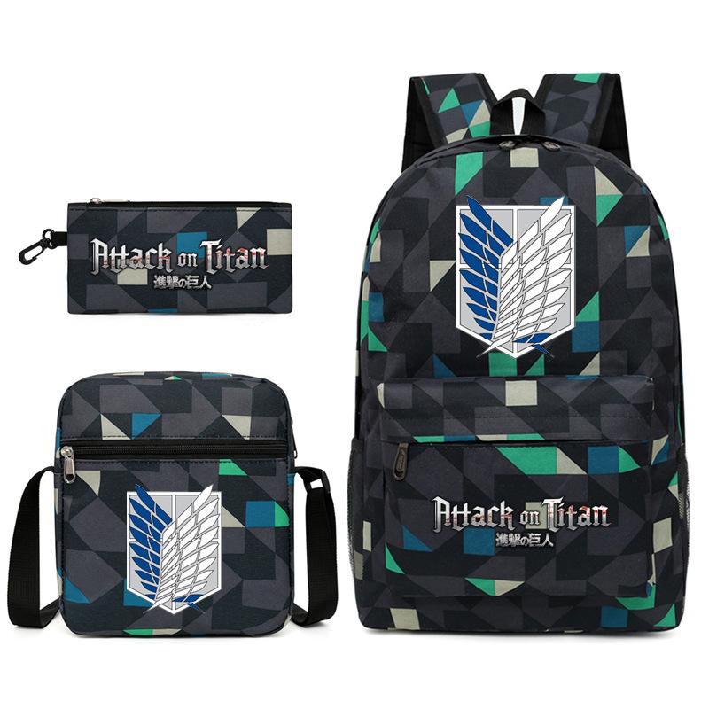 Attack On Titan 3-Piece Backpack Set Printed Canvas Laptop Bag Student Anime
