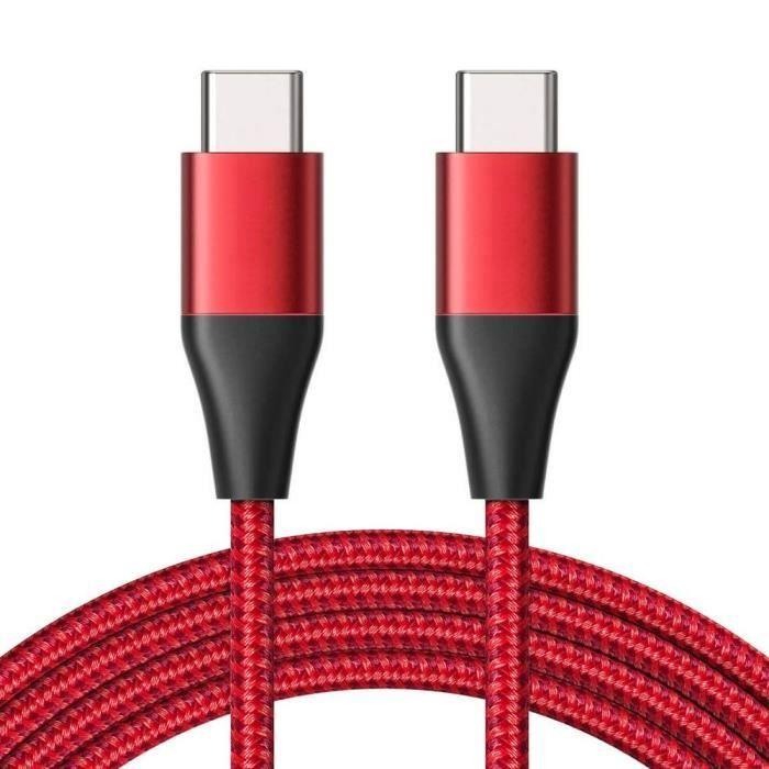 Câble USB-C vers USB-C Charge Rapide 3A pour Xiaomi Redmi 13C/14C, Redmi Note 14/13, Note 13 Pro Plus - Nylon Renforcé Rouge 1M
