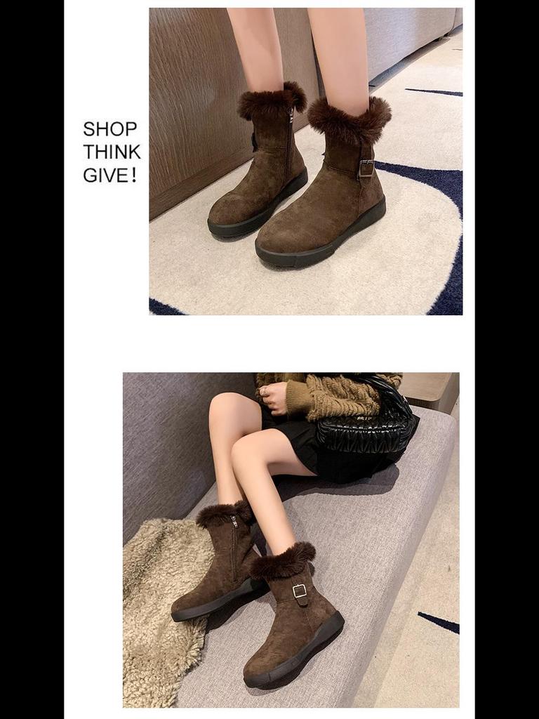 Женские зимние сапоги из замши и меха в стиле ретро 2024 года: Мягкий, нескользящий, короткий, на бархатной подкладке, плотный теплый хлопок.