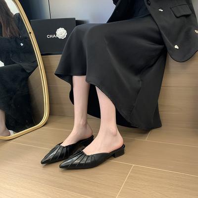 Туфли Мюли 2025 лето новые на плоской подошве прохладные шлепанцы французский мешок на носке заостренный носок плоский каблук плиссированные полушлепанцы женская уличная обувь