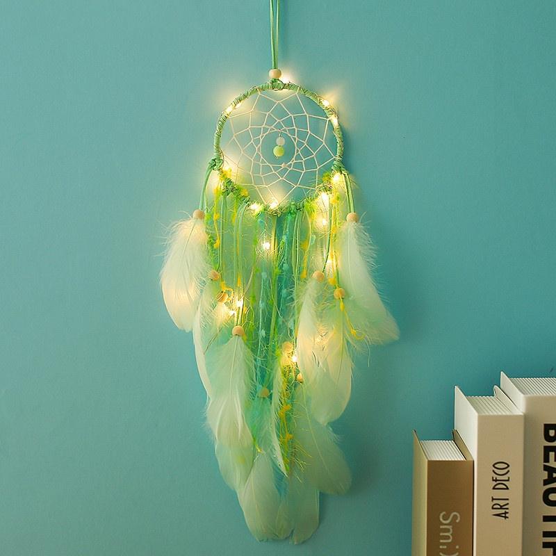 Handmade Dream Catcher with Green Feathers Night Light Car Wall Hanging Decoration Home Decor Lighti