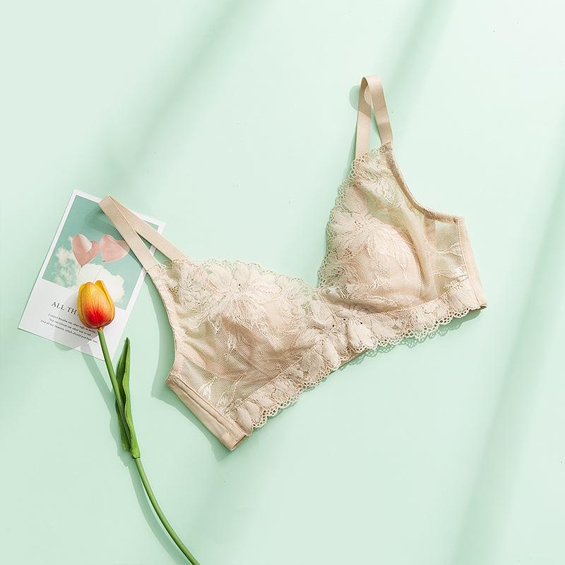 Spring and summer silk rimless bra, lace sexy thin big chest mulberry silk underwear breathable