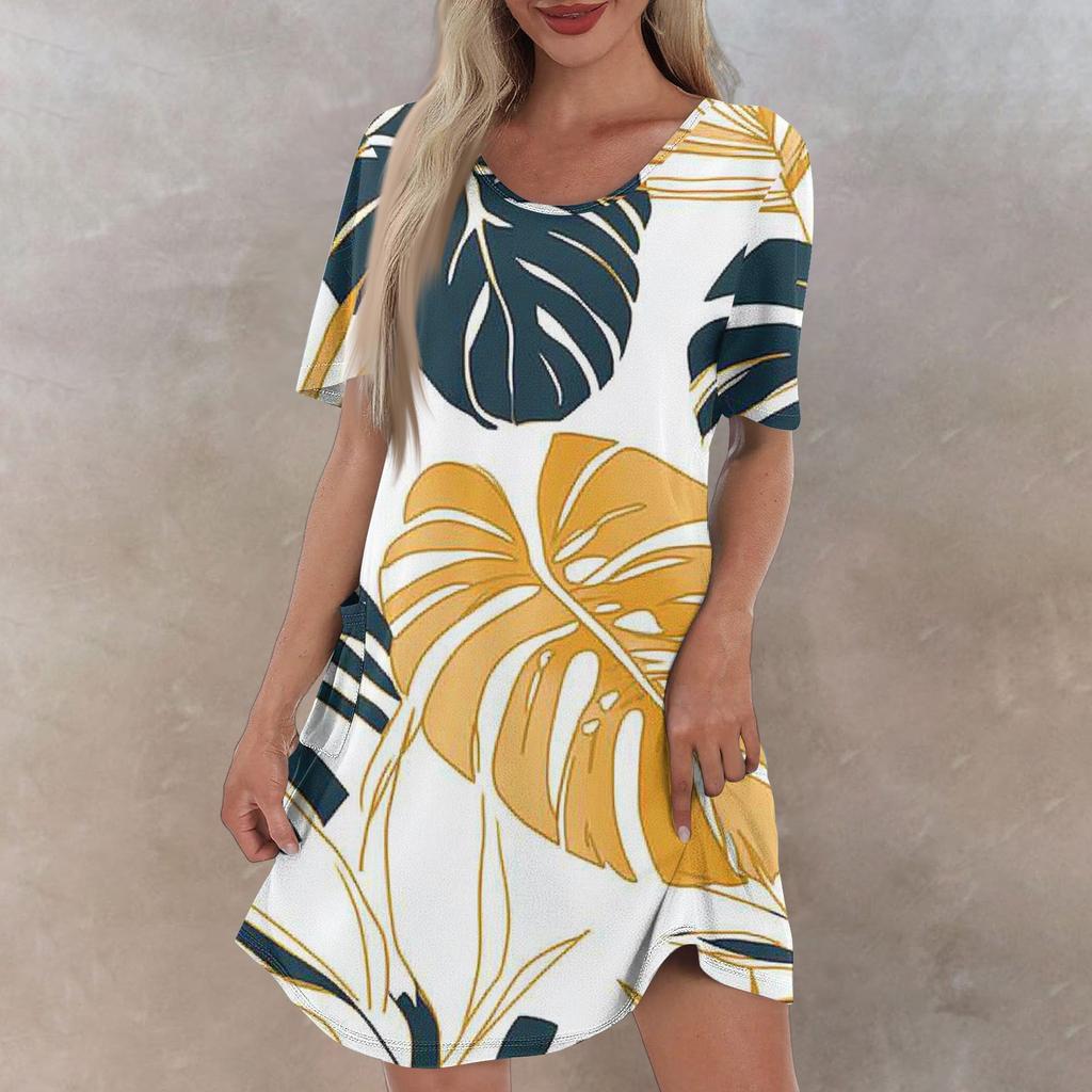 Женское повседневное и модное платье средней длины с V-образным вырезом и коротким рукавом с принтом