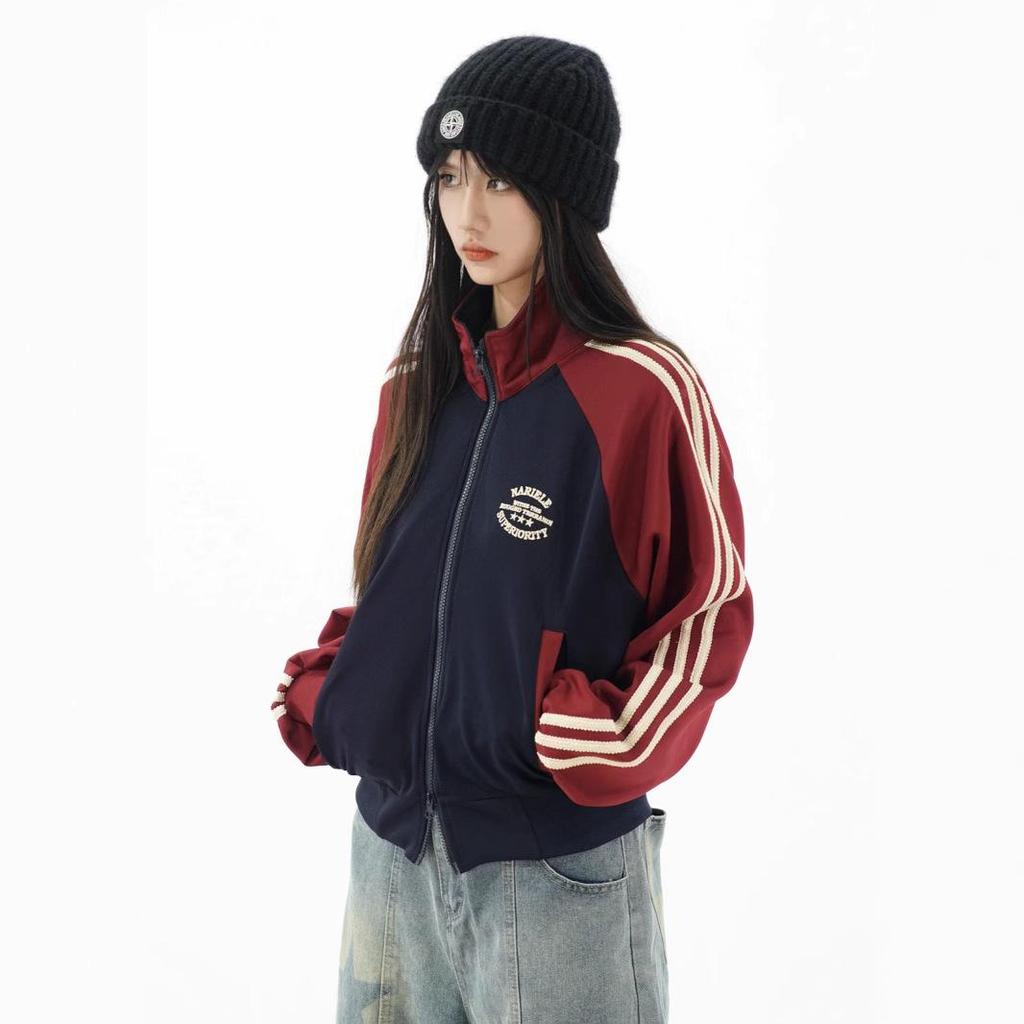 Американский Ретро Преппи Полосатый Кардиган Колорблок - Женская Короткая Куртка на Молнии со Стойкой