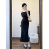 Легкое и зрелое платье с черным скошенным плечом, девичье темпераментное платье с завышенной талией, Цзыся