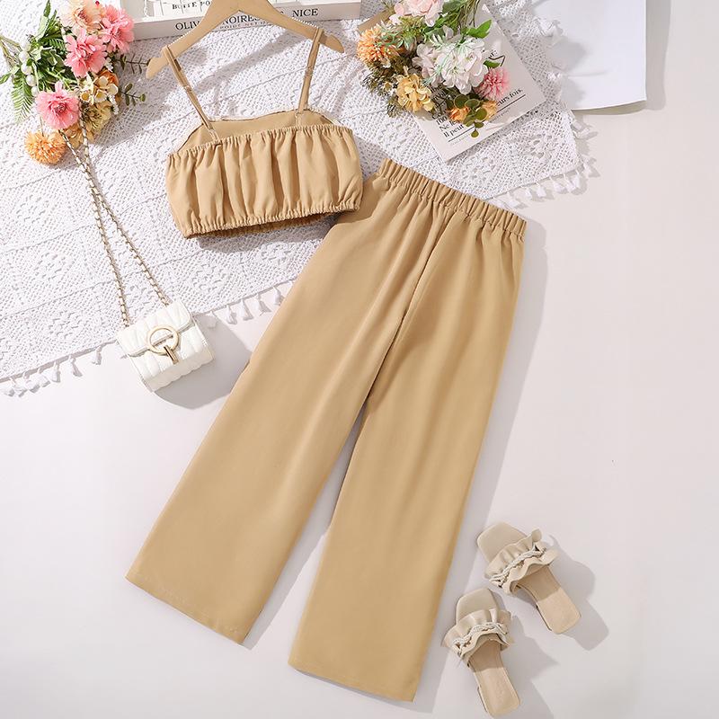 Новый летний костюм для девочек с подтяжками и широкими брюками с высокой талией, повседневный костюм для детей 8-12 лет