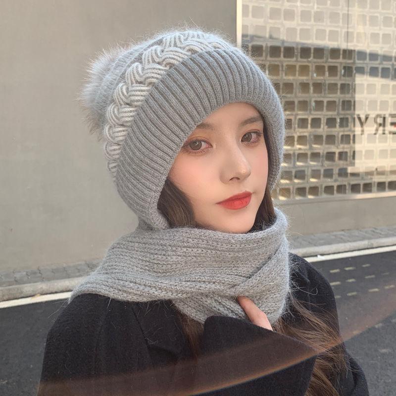 Winter Warm Hat Scarf Set Women Lady Plush Pompom Crochet Wool Knit Pullover Cap Outdoor Thick Windproof Warmer Hat Scarves