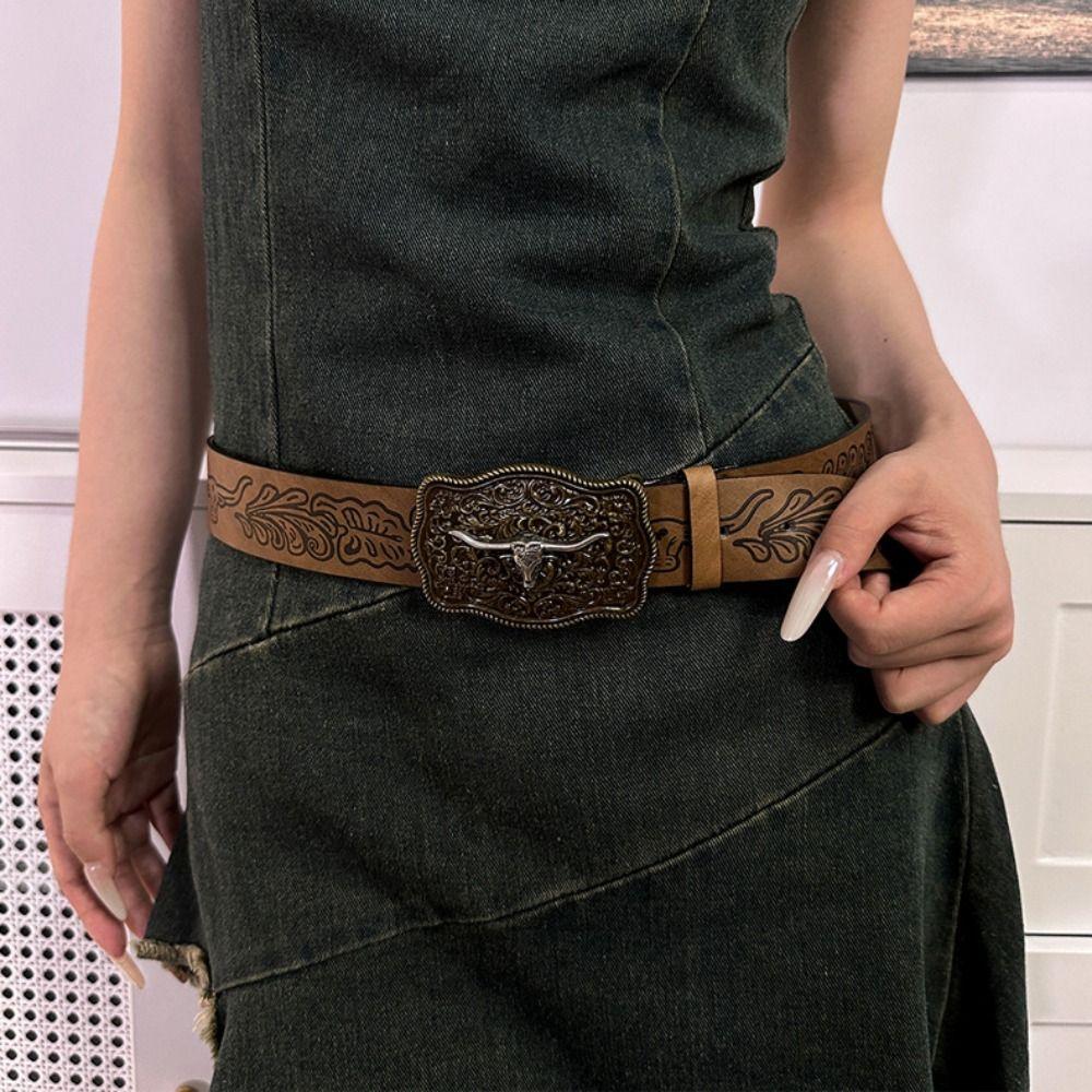 Retro Western Cowboy Belt Cow Head Buckle Waistband Trendy Embossed Belt For Man Women