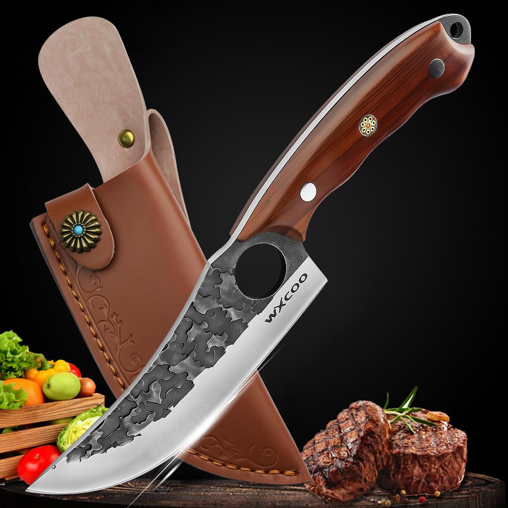 Профессиональный нож для мяса Кованый нож для разделки Нержавеющая сталь Топор Кухонный нож шеф-повара Ножи для мяса, рыбы, фруктов с чехлом