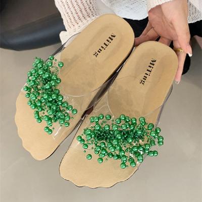 Мода Мода Декорация из бисера на шнурке Верхняя одежда Шлепанцы Женские Прозрачные ПВХ Плоские шлепанцы Удобные Нескользящие Повседневные Пляжные сандалии