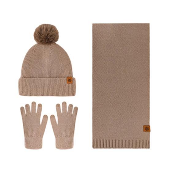 Yousheng 3Pcs/Set Women Hat Scarf Gloves Set Double-Layer Velvet Plush Ball Hat Cold Protection Scarf Touchscreen Gloves Set Ski Cycling Gear
