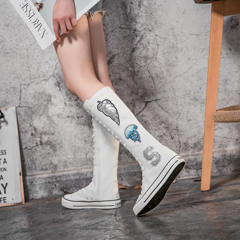 Весенне-осенние женские ботинки, парусиновые сапоги до середины икры, повседневная обувь с высоким берцем, длинные сапоги, удобные ботинки на плоской подошве со шнуровкой, размер 34-43