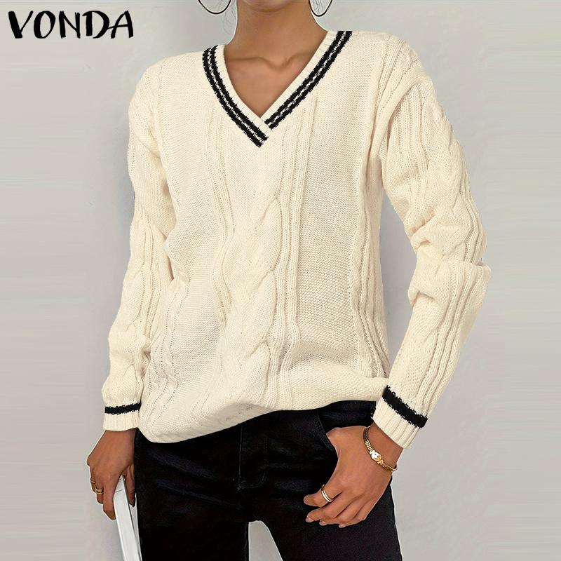 VONDA Women Autumn Warm V-Neck Long Sleeve Knitted Pullover Sweaters
