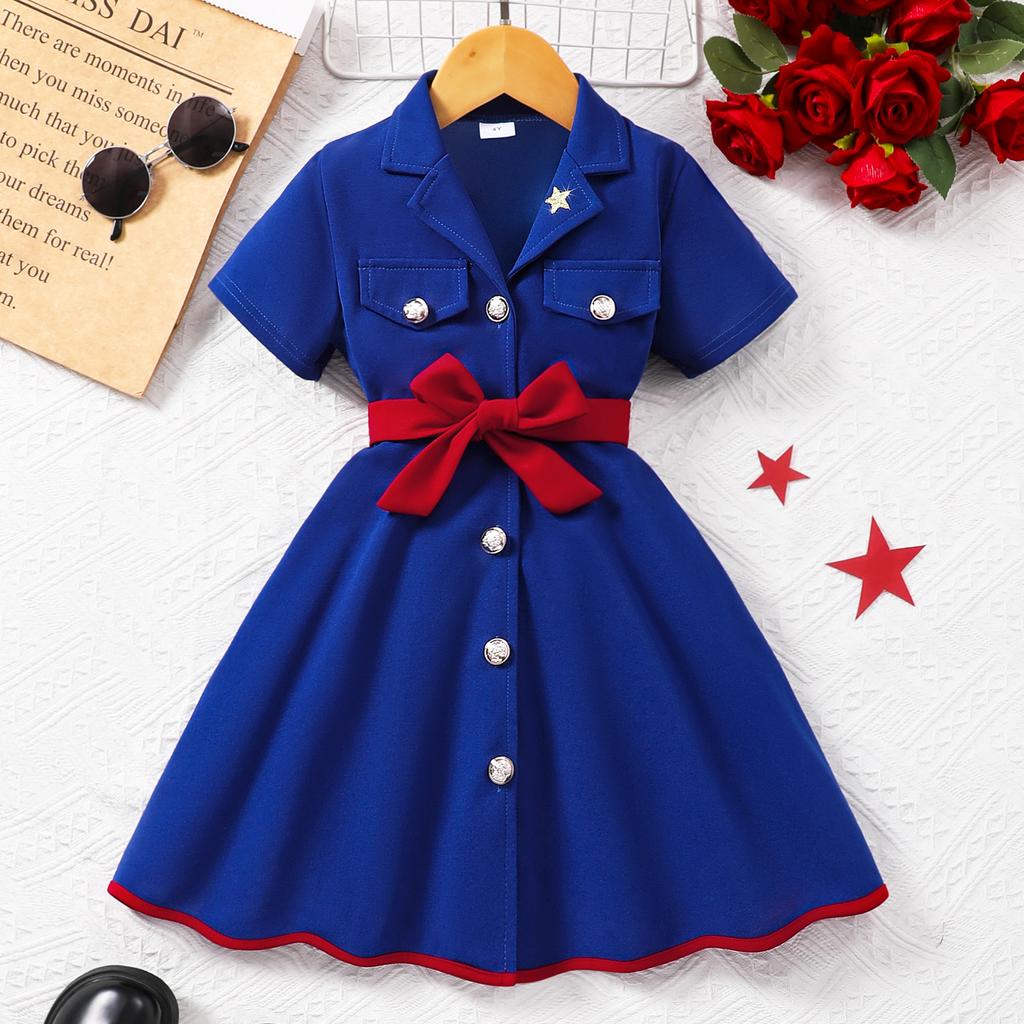 Модное платье для девочек с короткими рукавами и лацканами, цветное, с поясом, повседневное платье для детей на весну/лето