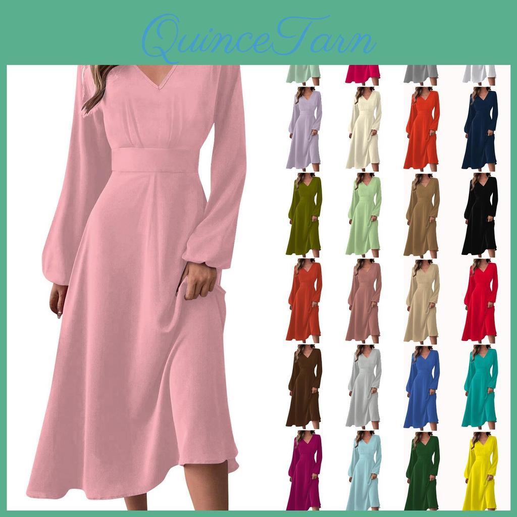And Winter Casual Womens Autumn Fashion Vneck Long Sleeve Solid Color Long Dress