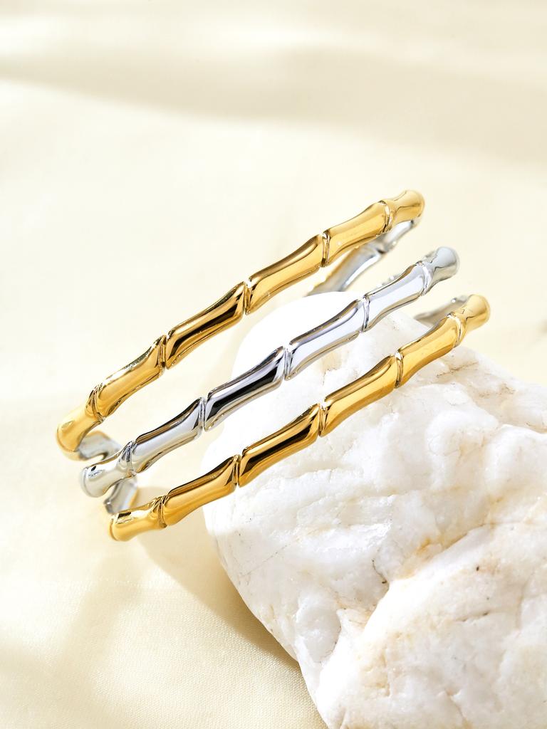 Fashion Simple Personality Charm Cold Style Stainless Steel 18K Gold Plated Geometric Pattern Bamboo Bracelet Women'S Zircon