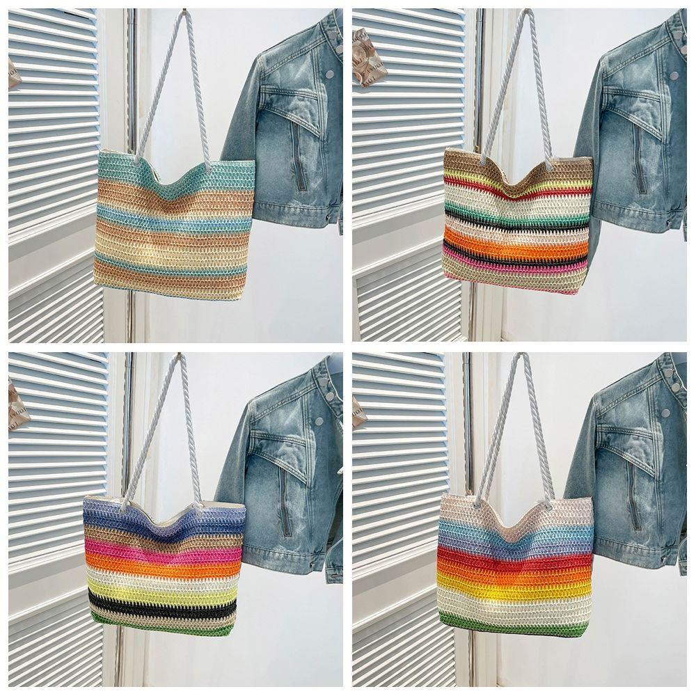 Bohemian Style Strip Weave Bag Beach Handbag Hollow Tote Bag Casual Rainbow Beach Bag Vacation