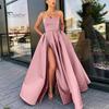Lady Evening Dress Bandeau Off Shoulder Backless Sleeveless High Split A-line Big Swing Pleated Back Zipper Closure Performance Wedding Maxi Dress