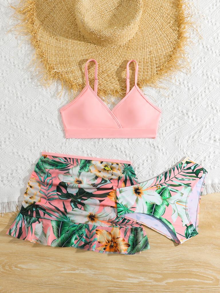 Kids Girls Fashion 3PCS Floral Print Tank Vest Tops with Bikini Briefs and Skirts Summer Swimwear Swimsuits
