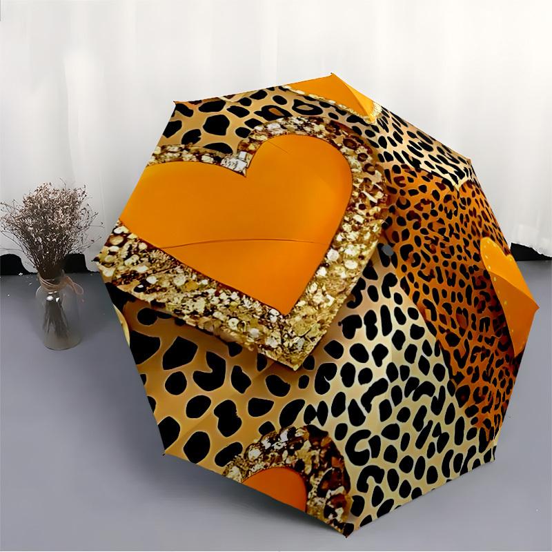1pc Leopard Print Heart Umbrella - 8-Rib Automatic Open/Close, Fashionable Compact Umbrella for Outdoor Adventures yy250813155