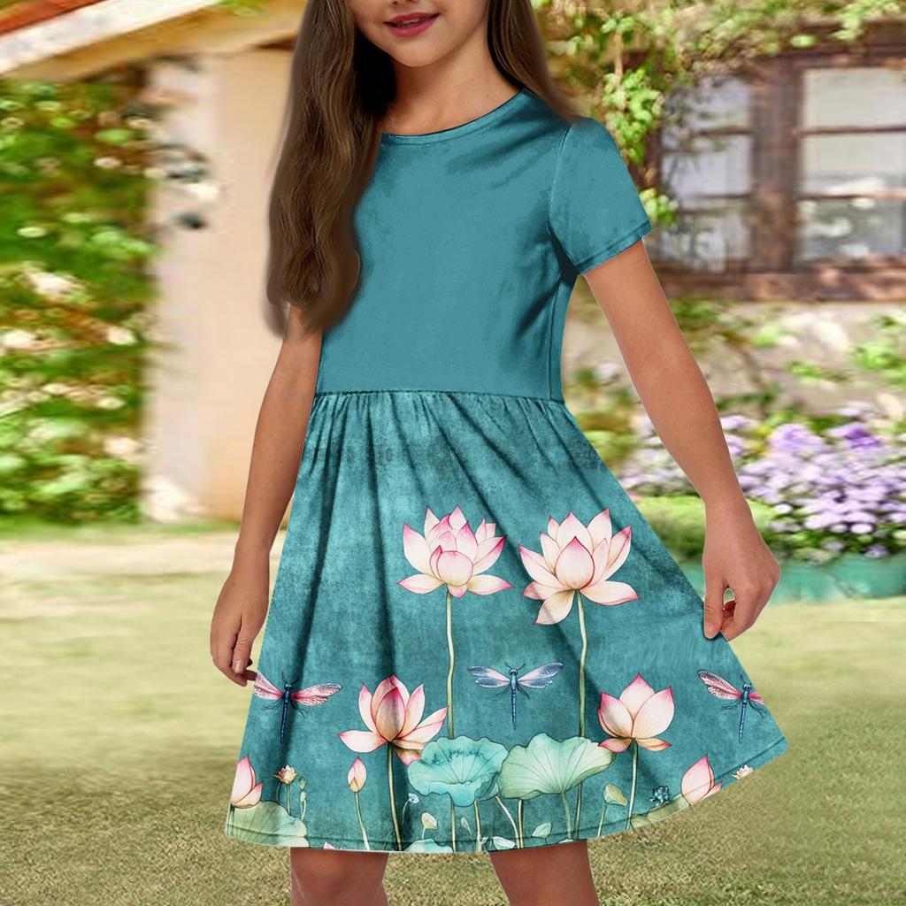 Летнее платье для девочек, однотонное платье без рукавов с принтом и карманом, повседневное платье, вечернее платье с короткими рукавами