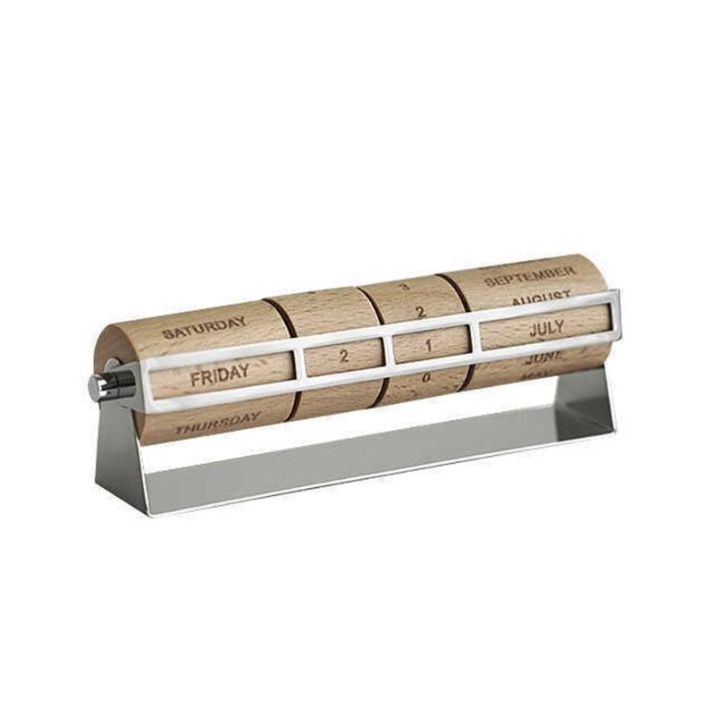 Contemporary Wooden Tabletop Rotating Permanent Calendar With Metal Base Month Week Day Date Display For Gift And Decors