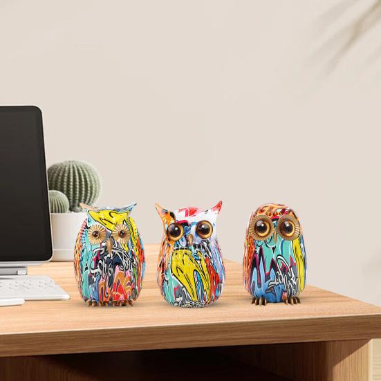 Граффити Сова Фигурка Сова из смолы Украшение для рабочего стола Многоцветная статуя Совы для дома Подставка под телевизор Офисная книжная полка Украшение стола