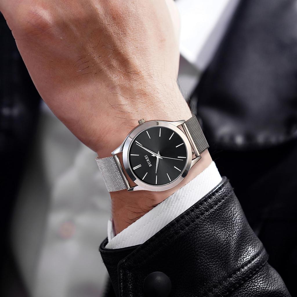 BUREI Analog Quartz Milanese Mesh Strap Stainless Men's Watch, Waterproof, Popular, Slim, Simple, Stylish, Business, Casual, Style, (Black, Silver,