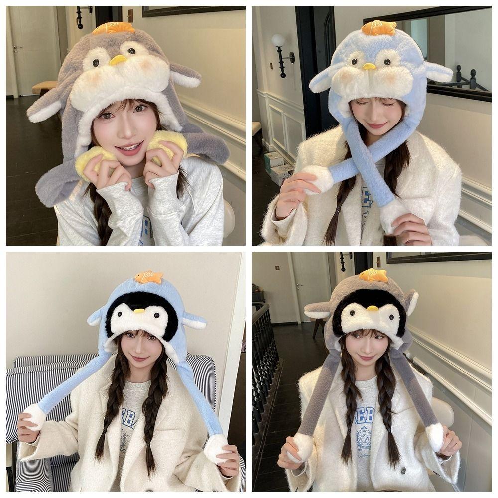 Kawaii Fluffy Pullover Hat Windproof Warm Lei Feng Cap Sweet Penguin Ear Moving Hat Girls