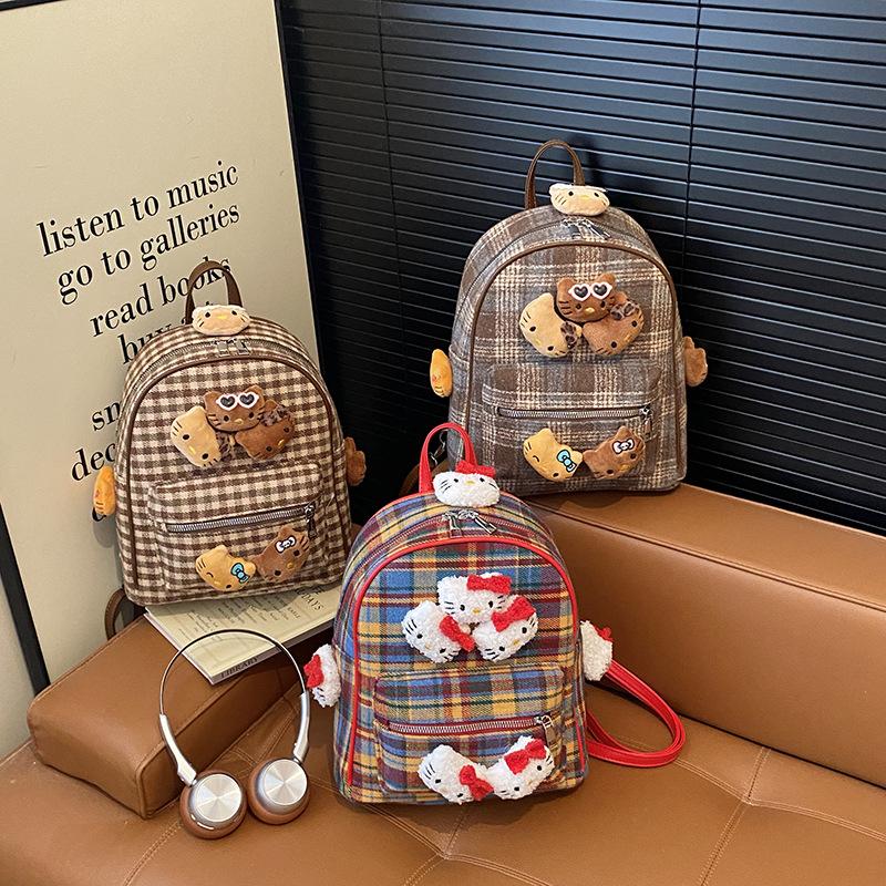Boys And Girls Cartoon Backpack Foreign Style Plaid Cute Kitten Student Schoolbag Children'S Backpack