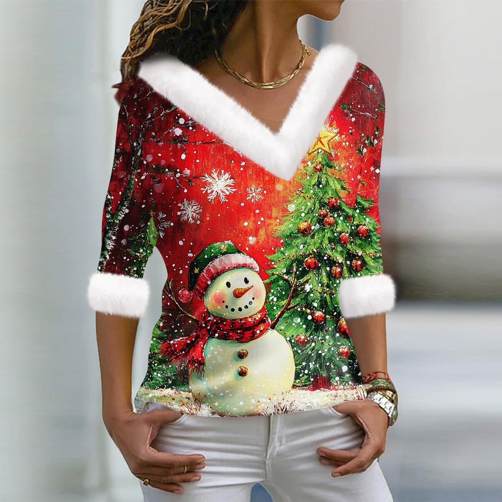 Женский модный повседневный топ с V-образным вырезом и длинными рукавами, рождественским принтом и плюшевым воротником