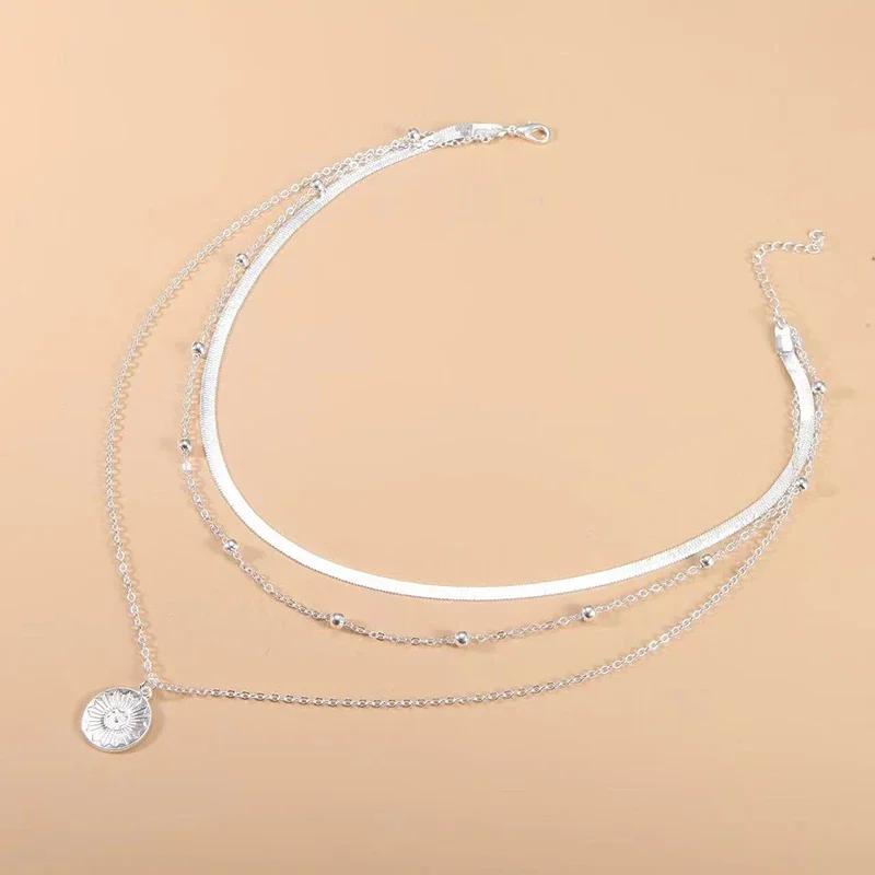 Silver Three-Layer Round Necklace Simple Snake Chain Charm Ball Chain Party Wedding Gift Women's Exquisite Jewelry KTJ