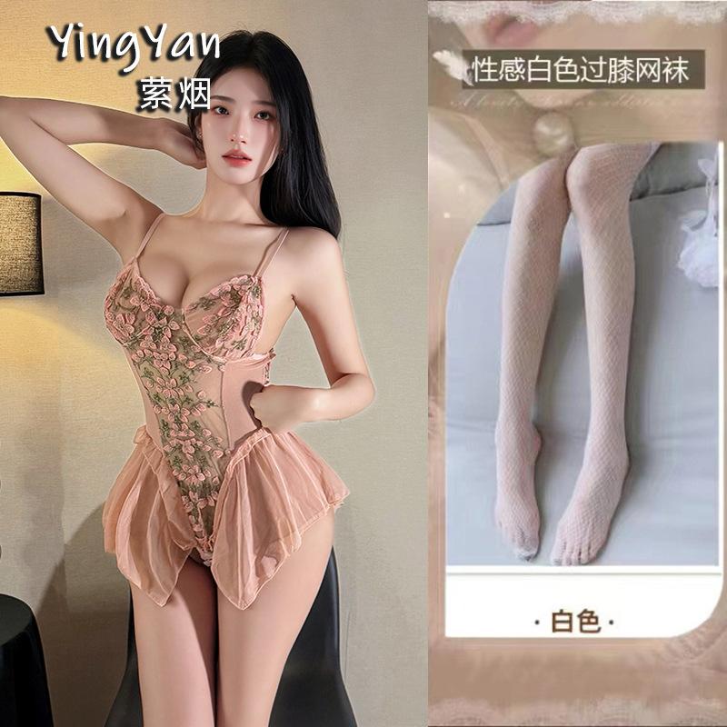 Sex underwear pure desire to avoid flowers and vines deep V-neck onesie sexy embroidered mesh tight suspender nightdress