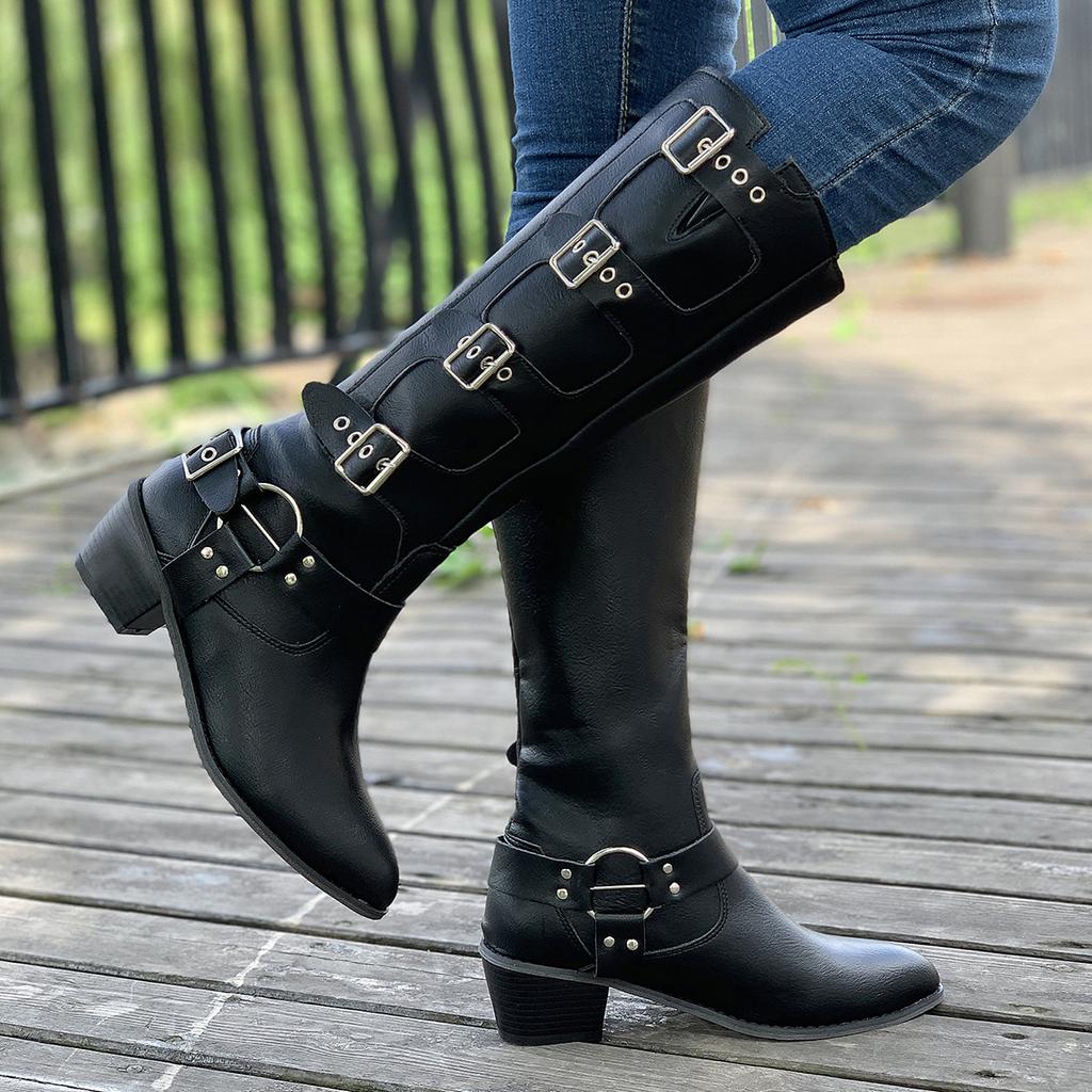 Fashion Fashion Buckle Knee High Boots for Women Winter Square Heels Western Long Boots Woman Black Pu Leather Punk Gothic Booties