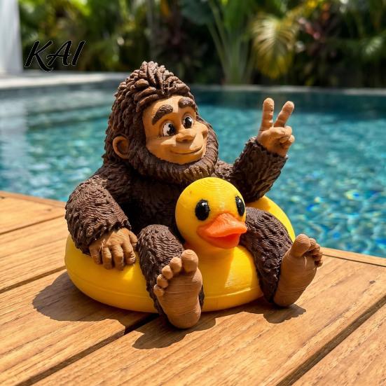 Sasquatch Resin Ornament And Duck Figurine, on Swimming Ring Statue, Lifelike Statue Funny Animal for Home Tabletop Shelf Decor Unique Display